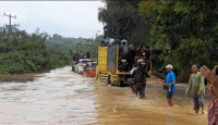 Banjir merendam badan jalan lintas Sarolangun- Jambi, akses transportasi terancam putus total.